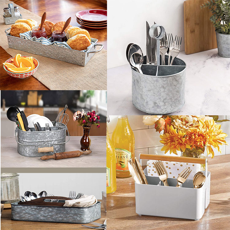 Galvanized Silverware Flatware Caddy Organizer for Kitchen Countertop Storage 